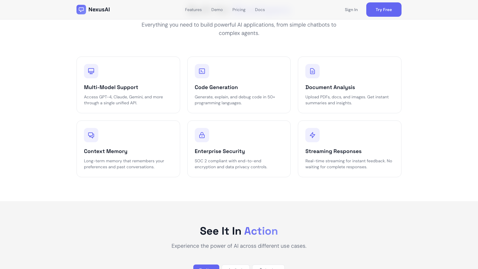 AI Chatbot Platform 设计模板生成的网站内容区截图