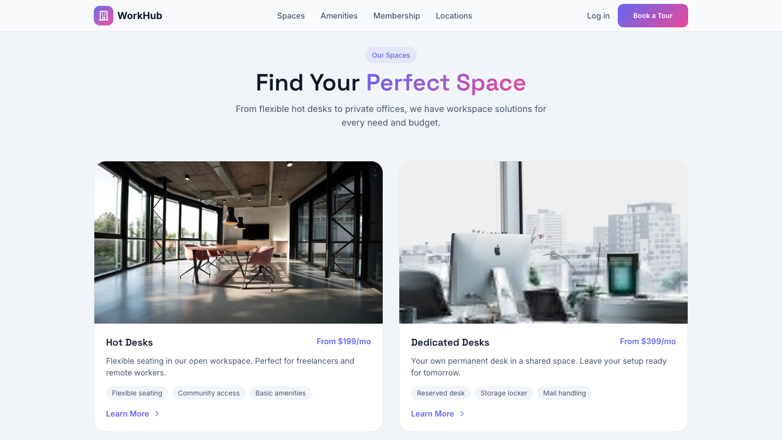 Coworking Space 设计模板生成的网站内容区截图