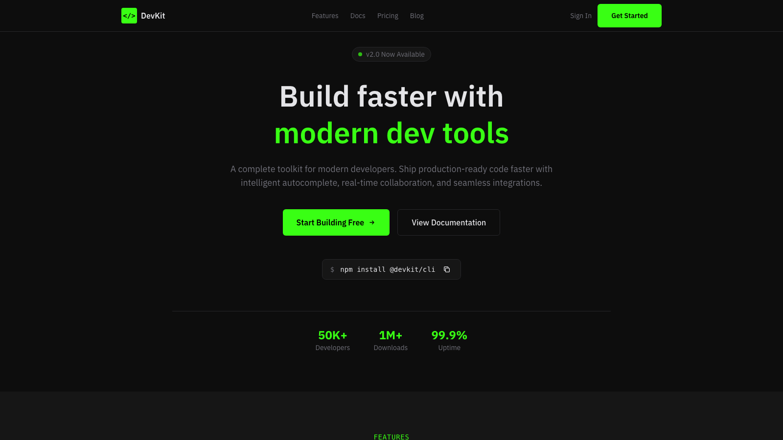 Developer Tools 模板示例截图