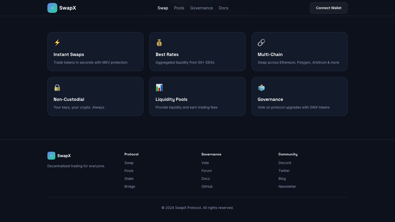 DEX Swap Interface 设计模板生成的网站深度内容截图