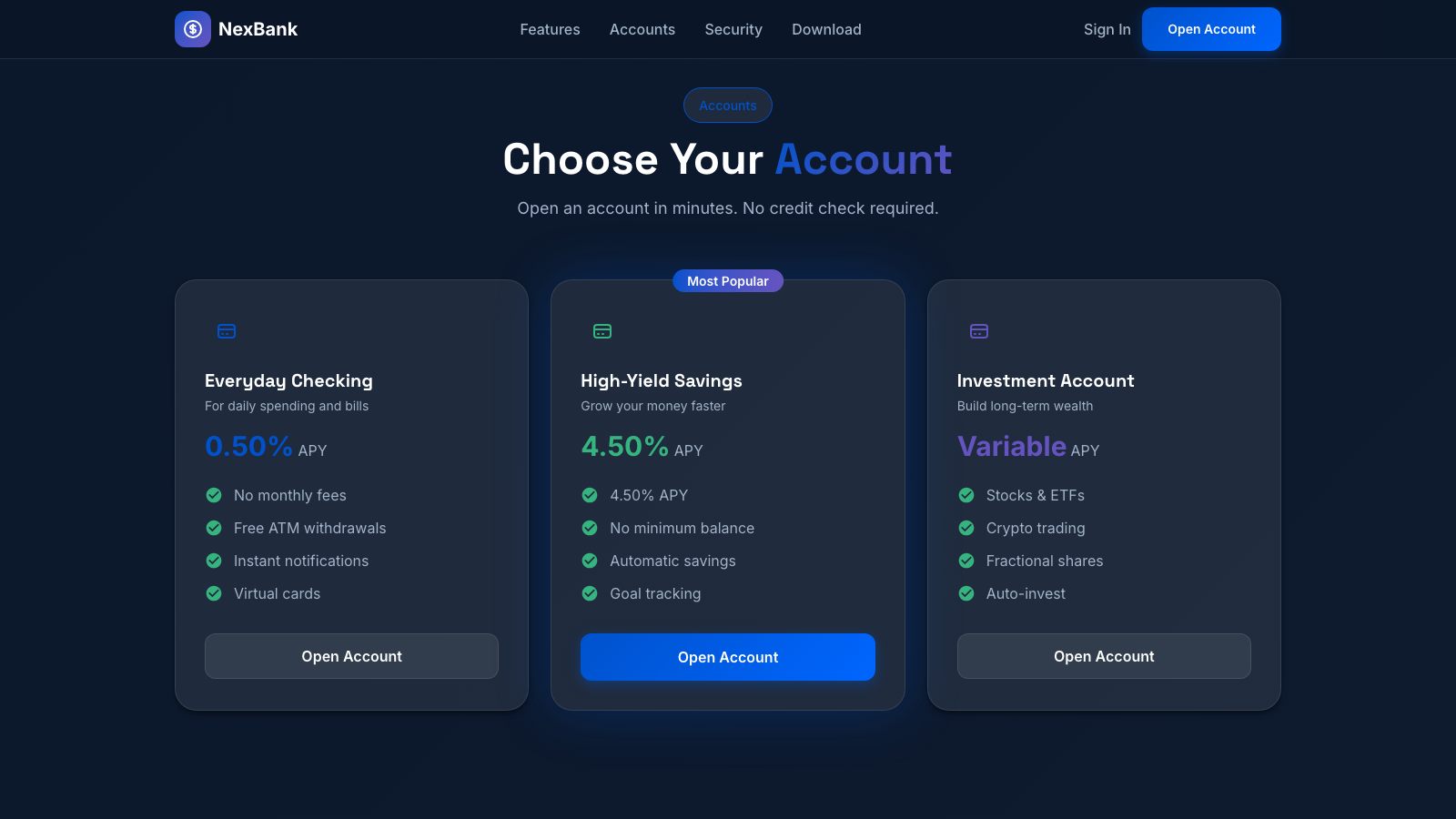Digital Banking 设计模板生成的网站深度内容截图