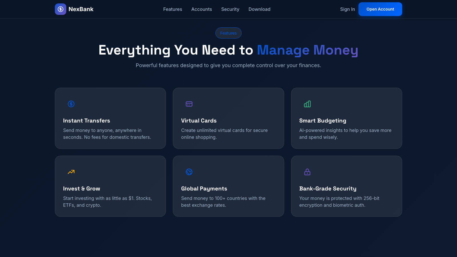 Digital Banking 设计模板生成的网站内容区截图
