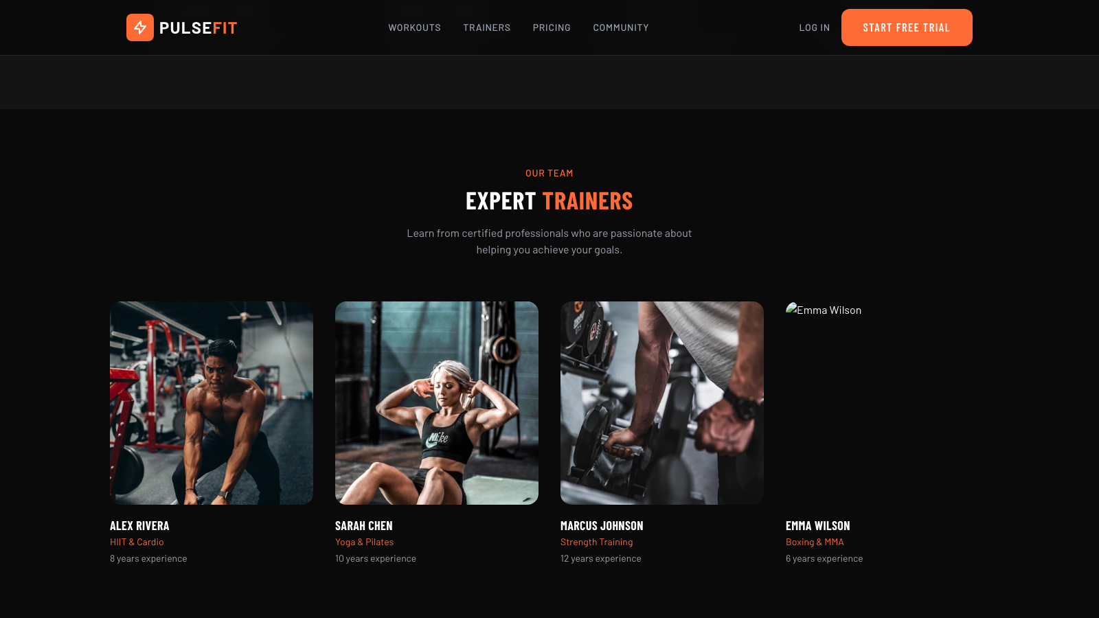 Fitness & Gym App 设计模板生成的网站深度内容截图