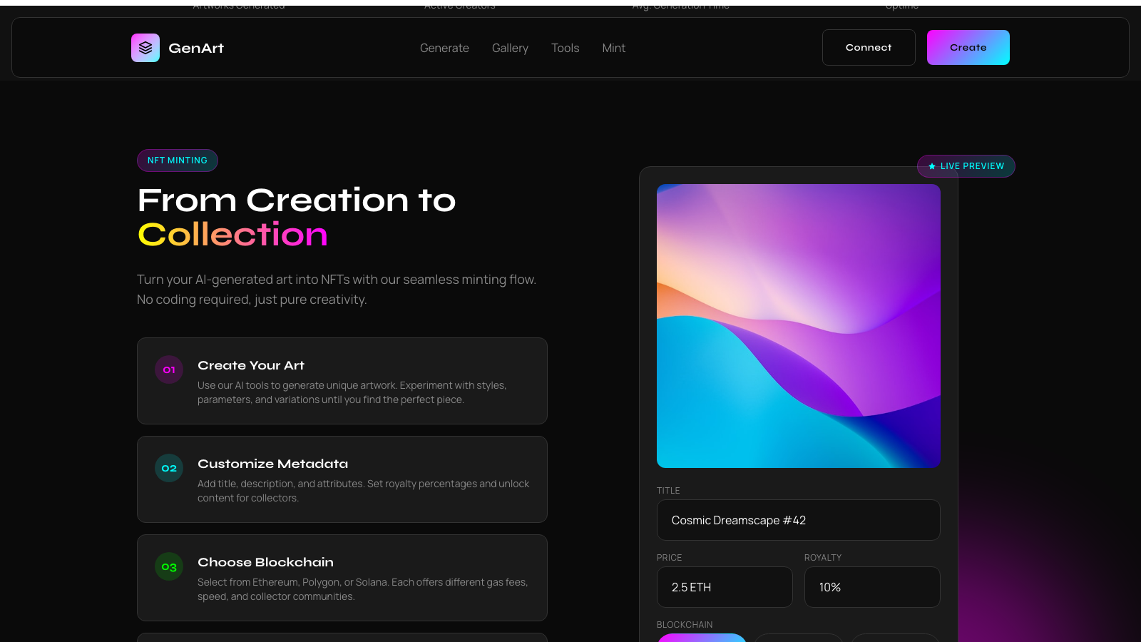 Generative Art Platform 设计模板生成的网站深度内容截图