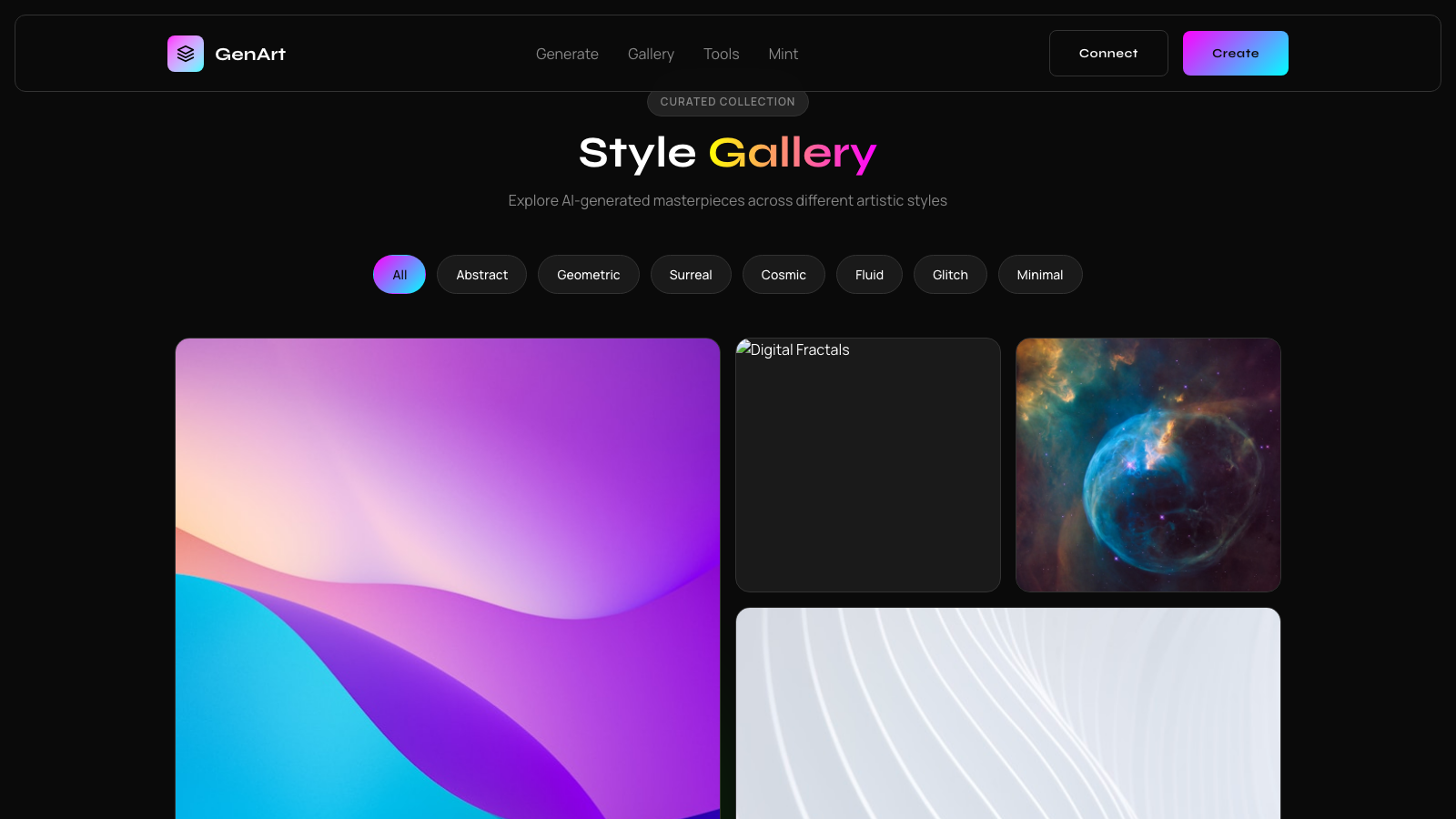 Generative Art Platform 设计模板生成的网站内容区截图