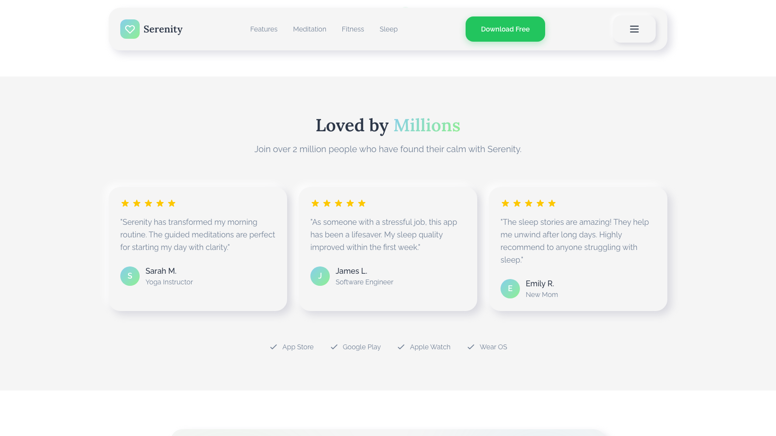 Health & Wellness App 设计模板生成的网站深度内容截图