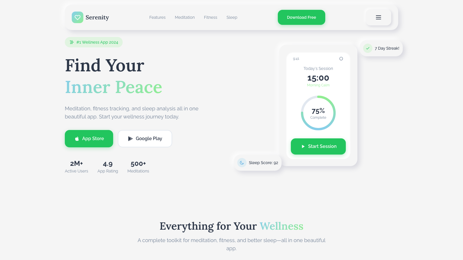 Health & Wellness App 模板示例截图