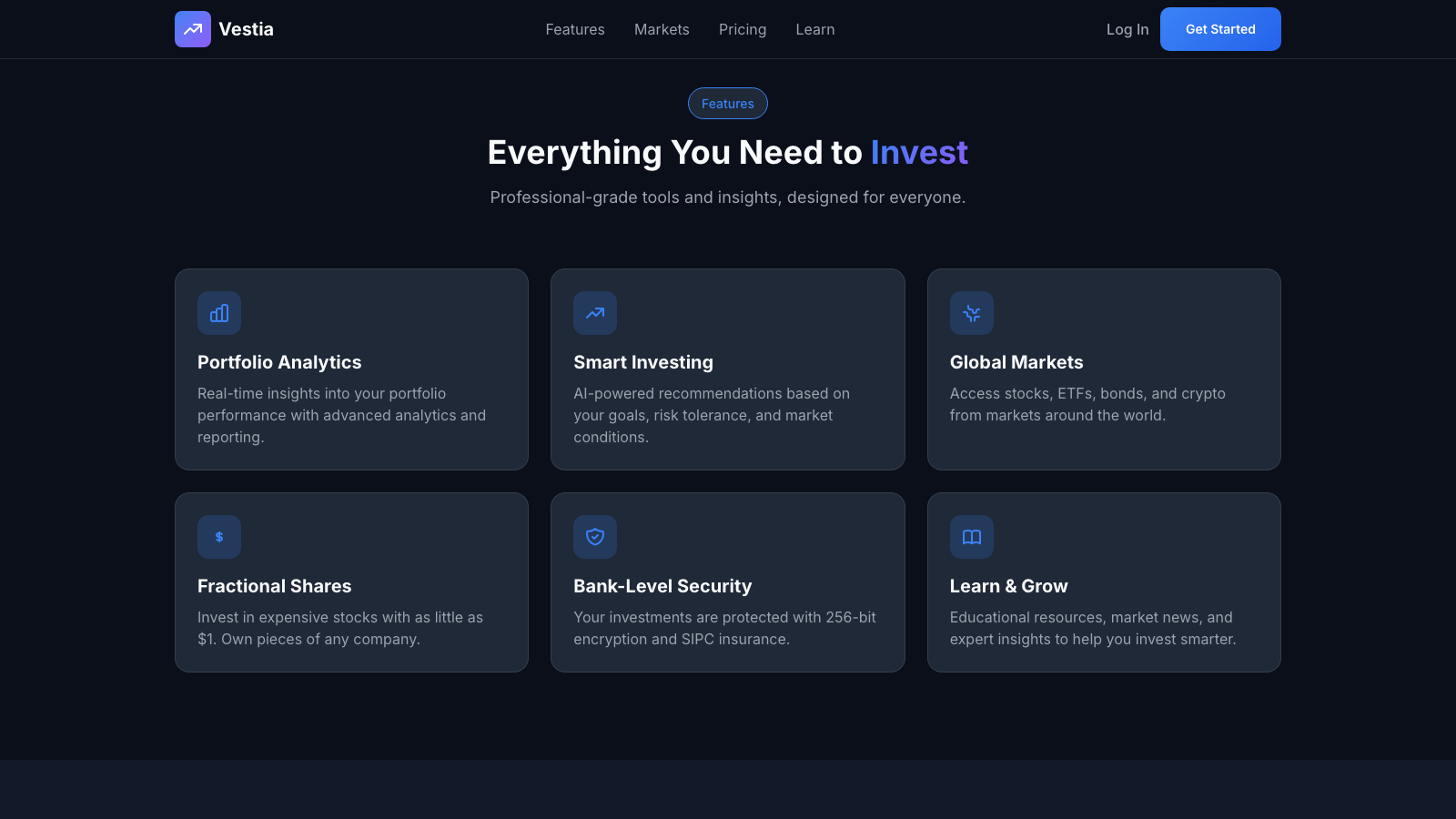 Investment Platform 设计模板生成的网站内容区截图