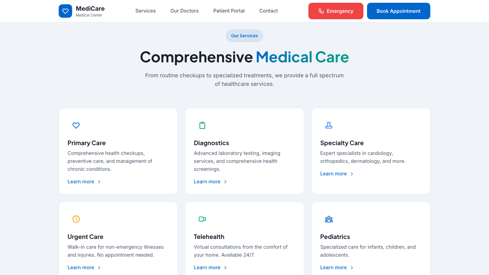 Medical Clinic 设计模板生成的网站内容区截图