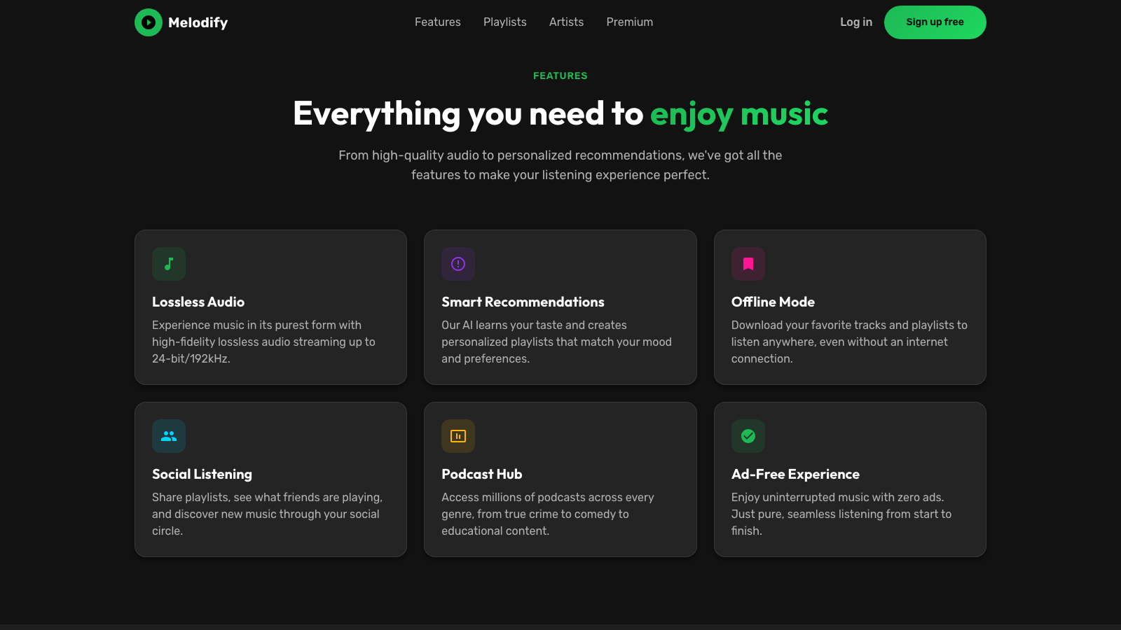 Music Streaming 设计模板生成的网站内容区截图