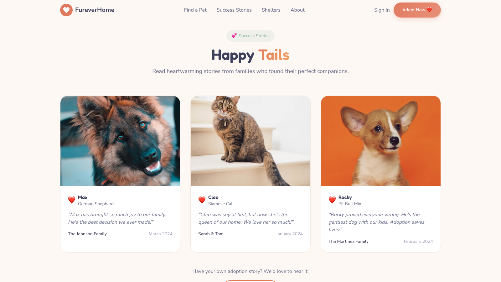 Pet Adoption 设计模板生成的网站深度内容截图