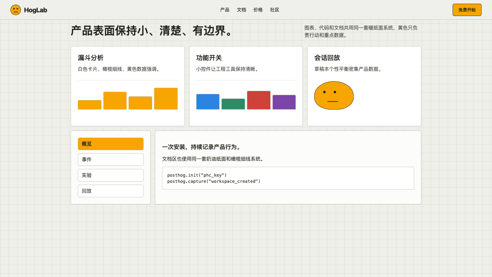 Posthog 设计模板生成的网站第二屏截图