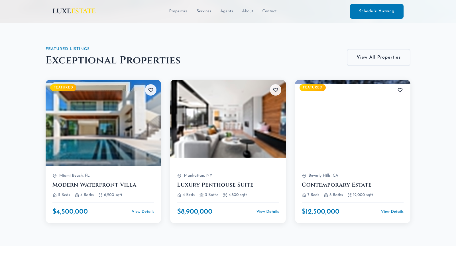 Real Estate Luxury 设计模板生成的网站内容区截图