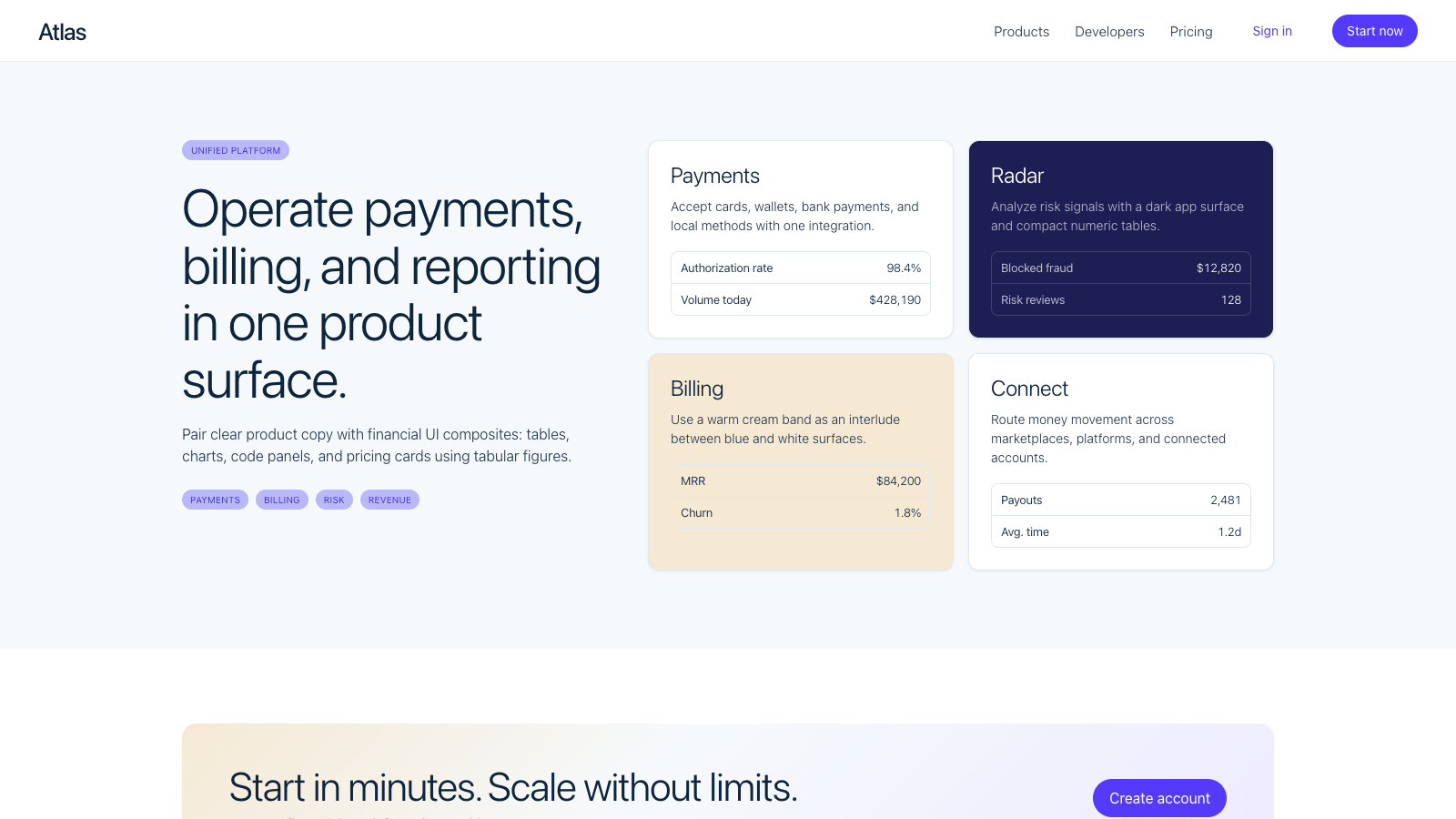 Stripe 设计模板生成的网站第二屏截图