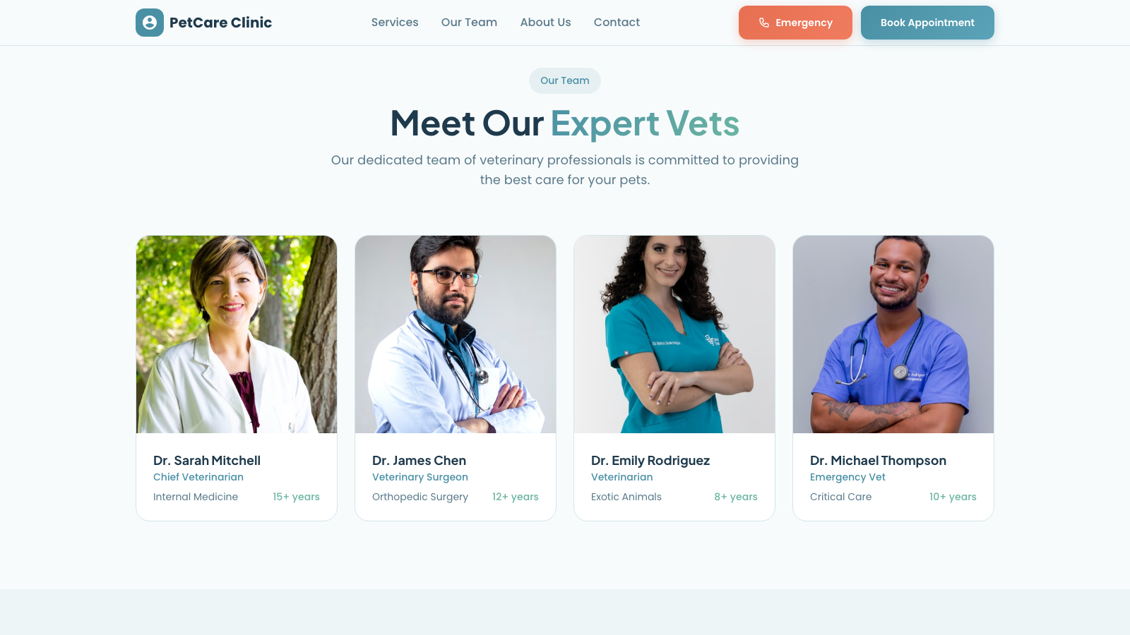 Veterinary Clinic 设计模板生成的网站深度内容截图