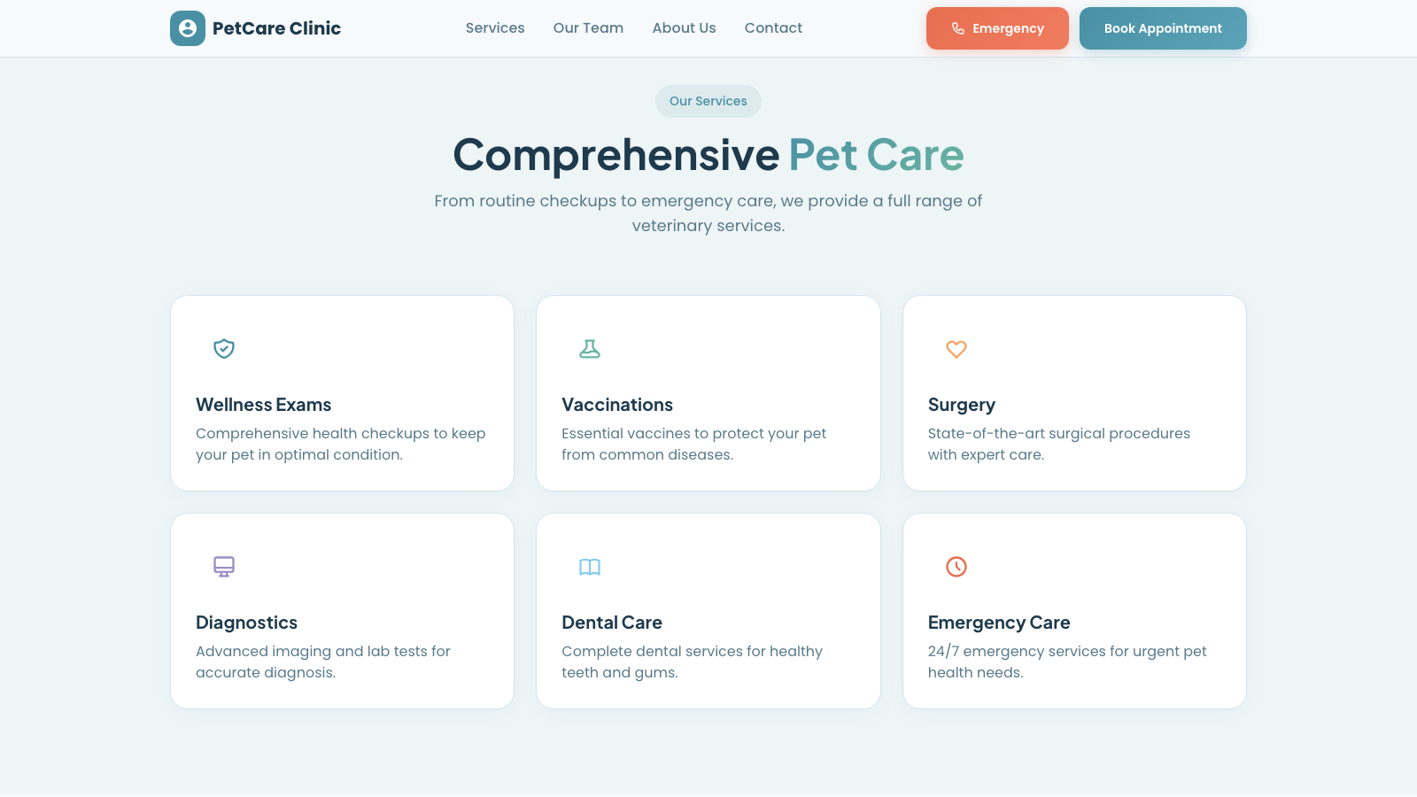 Veterinary Clinic 设计模板生成的网站内容区截图
