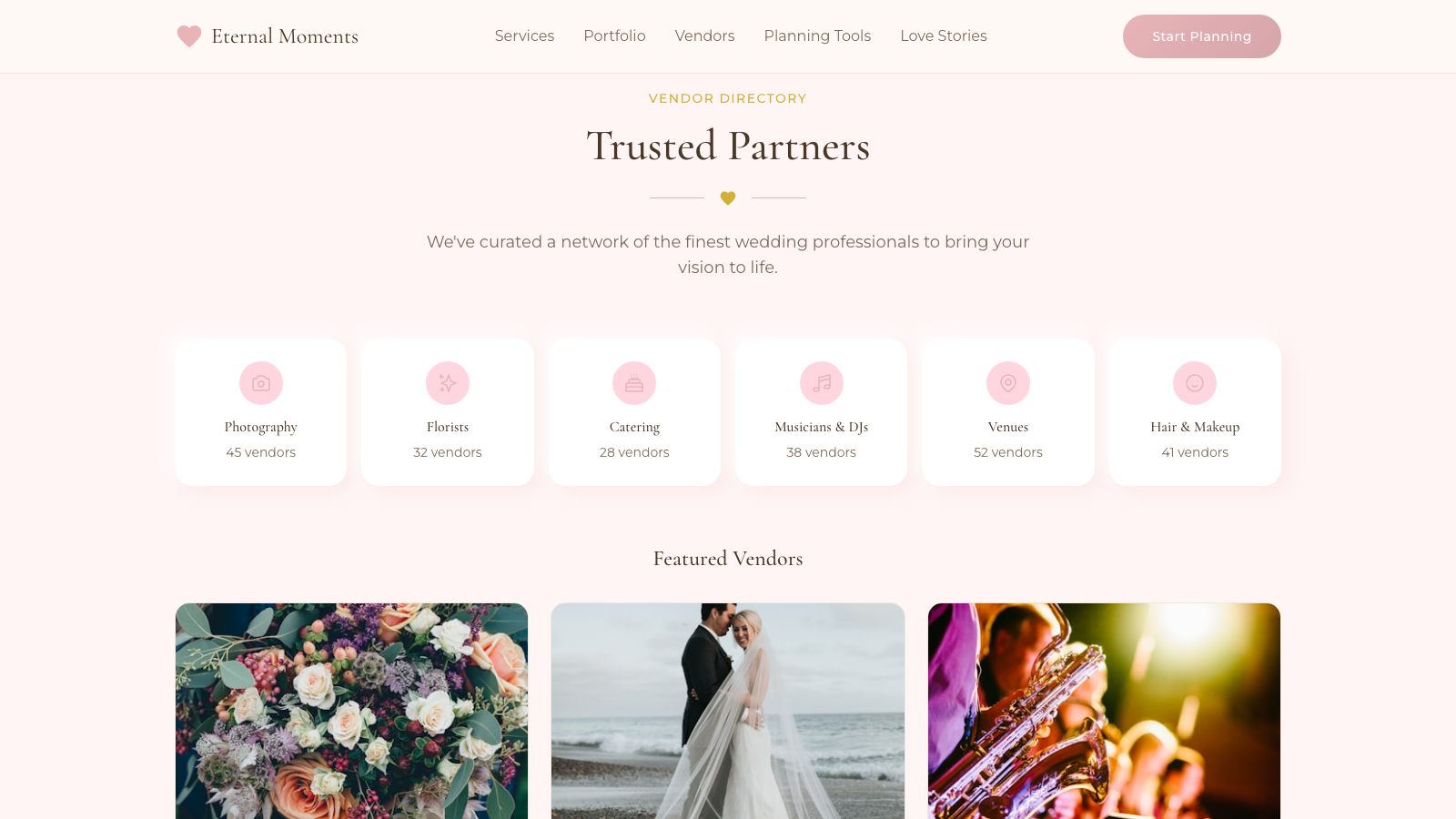Wedding Events 设计模板生成的网站深度内容截图